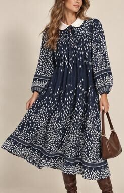 Vintage 70s Nu-Mode Midi Dress Peter Pan Collar Size S/M Navy Prairie Peasant